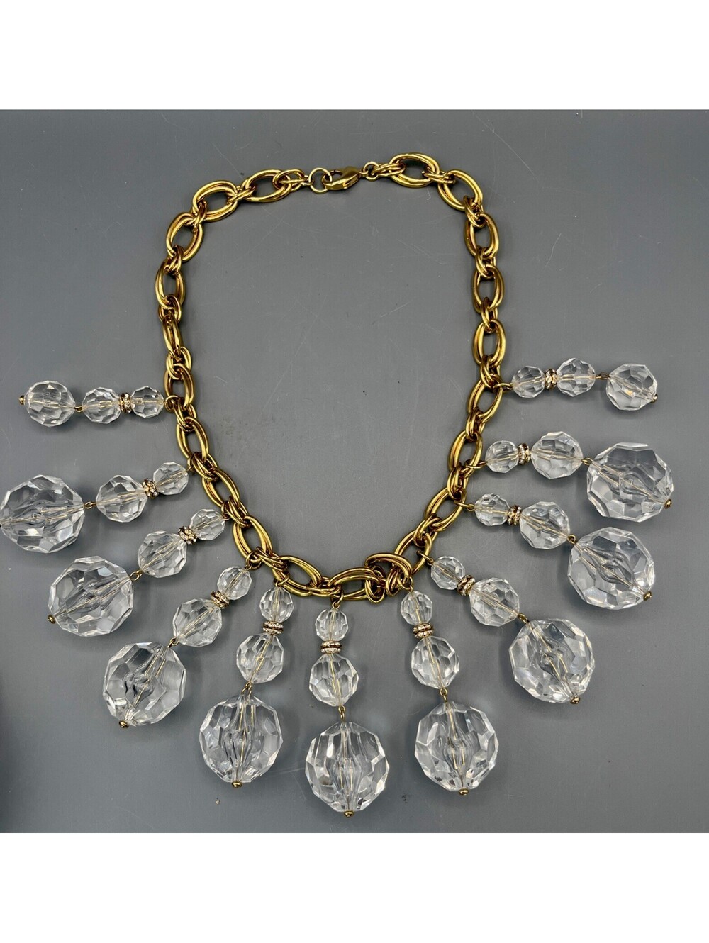 Vintage Huge Clear Lucite Bead Bib Necklace Gold Tone Runway Statement